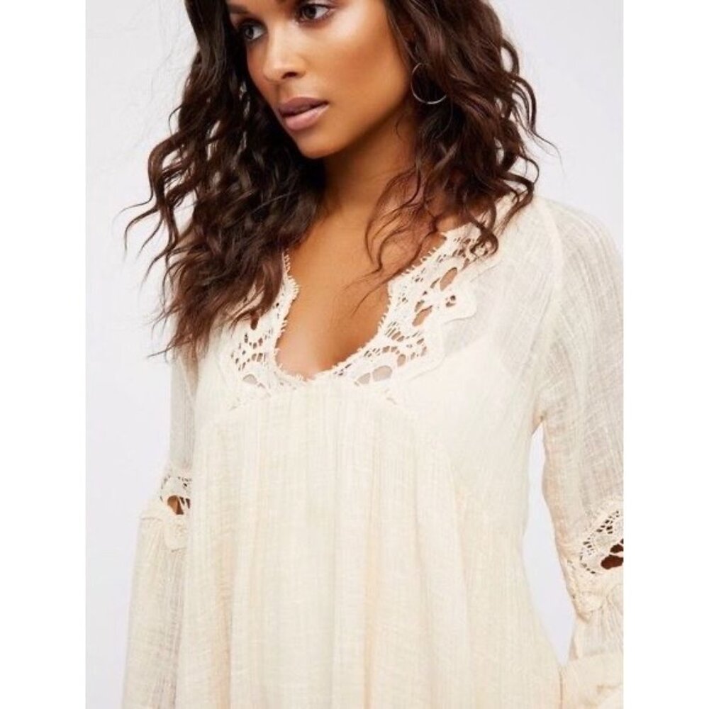 Free People x Free People One Gauzy Boho Cream Crochet Trim Mini Tent Dress - Picture 3 of 11